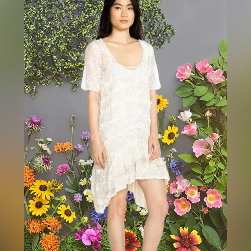 Johnny Was All White Lace Asymmetrical Short Sleeve Baby Doll Dress - Picture 5 of 13